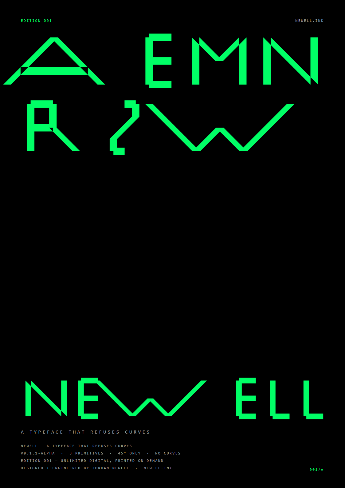 Edition 001 poster — hero alphabet A E M N R S W and the NEWELL wordmark, set in Newell on black
